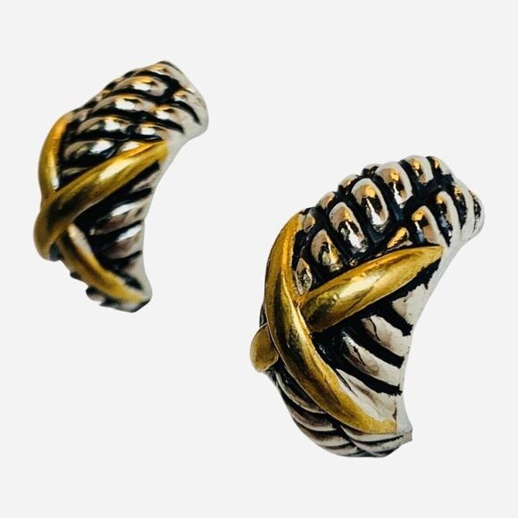 Vintage Braided Twisted Rope Kiss Silver & Gold Tone 1/2 Hoop Clip-on Earrings - Picture 2 of 6